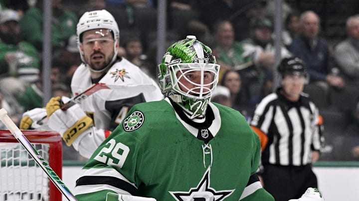 Mar 10, 2026; Dallas, Texas, USA; Dallas Stars goaltender Jake Oettinger (29) faces the Vegas Golden Knights attack during the first period at the American Airlines Center. Mandatory Credit: Jerome Miron-Imagn Images