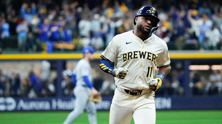 Oct 6, 2025; Milwaukee, Wisconsin, USA; Milwaukee Brewers center fielder Jackson Chourio (11) rounds the bases after hitting a three run home run during the fourth inning against the Chicago Cubs during game two of the NLDS round for the 2025 MLB playoffs at American Family Field. Mandatory Credit: Michael McLoone-Imagn Images