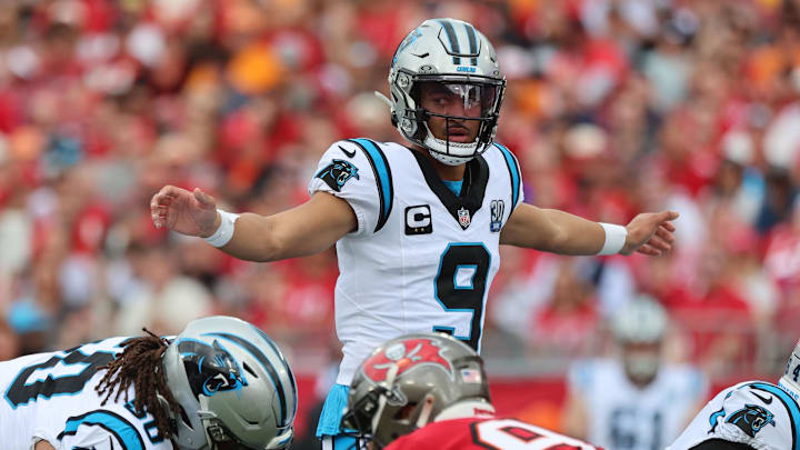 Dec 29, 2024; Tampa, Florida, USA; Carolina Panthers quarterback Bryce Young (9) calls a play against the Tampa Bay Buccaneers during the first quarter at Raymond James Stadium. Mandatory Credit: Kim Klement Neitzel-Imagn Images
