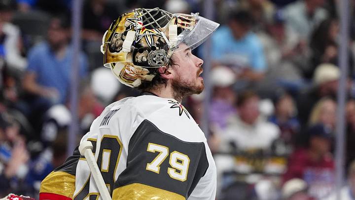 May 22, 2026; Denver, Colorado, USA; Vegas Golden Knights goaltender Carter Hart (79) stands in the crease during the second period against the Colorado Avalanche in game two of the Western Conference Final of the 2026 Stanley Cup Playoffs at Ball Arena. 