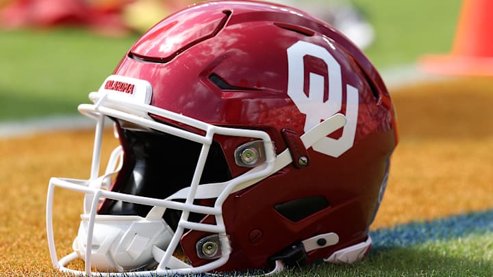 Sep 28, 2024; Auburn, Alabama, USA;  An Oklahoma Sooners helmet is shown before the game against the Auburn Tigers at Jordan-Hare Stadium. Mandatory Credit: John Reed-Imagn Images