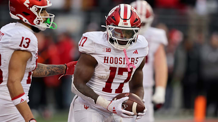 Indiana Hoosiers running back Ty Son Lawton (17) reacts after a touchdown run during the fourth quarter against the Ohio State Buckeyes at Ohio Stadium.