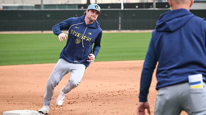 Milwaukee Brewers infielder Tyler Black (7) rounds third base during spring training workouts Monday, February 16, 2026, at American Family Fields of Phoenix in Phoenix, Arizona.