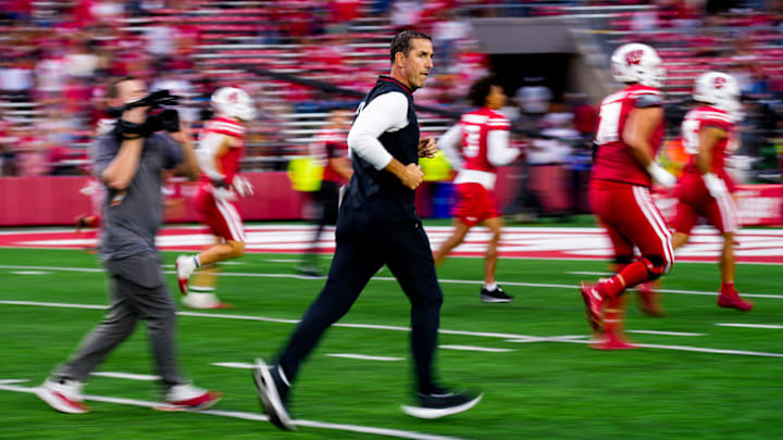 Wisconsin Badgers head coach Luke Fickell runs off the field after losing to the Ohio State Buckeyes after the game at Camp Randall Stadium on Saturday, Oct. 18, 2025 in Madison, Wisconsin.