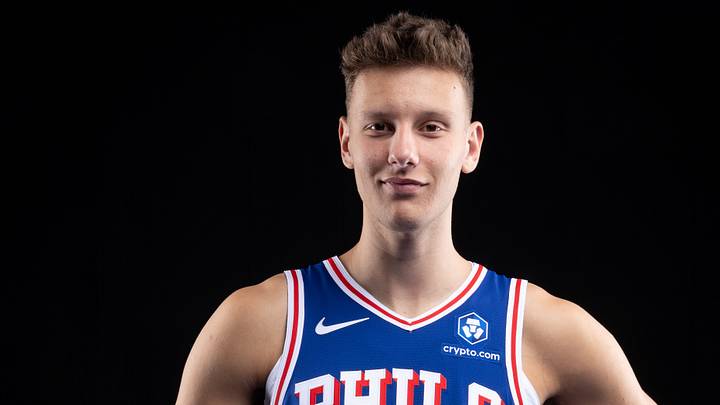 Sep 26, 2025; Camden, NJ, USA; Philadelphia 76ers Igor Milicic Jr (41) poses for a photo during media day. Sep 26, 2025; Camden, NJ, USA; Philadelphia 76ers Igor Milicic Jr (41) poses for a photo during media day.