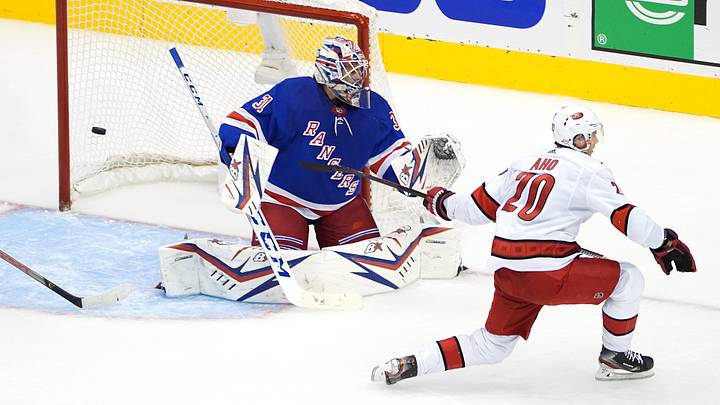 Aug 4, 2020; Toronto, Ontario, CANADA;  Sebastian Aho #20 of the Carolina Hurricanes scores a goal on Igor Shesterkin #31 of the New York Rangers during the third period in Game Three of the Eastern Conference Qualification Round prior to the 2020 NHL Stanley Cup Playoffs at Scotiabank Arena on August 04, 2020 in Toronto, Ontario, Canada.  Mandatory Credit: Andre Ringuette via USA TODAY Sports