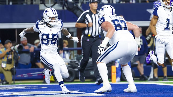  Dallas Cowboys wide receiver CeeDee Lamb celebrates with Dallas Cowboys center Brock Hoffman after scoring a touchdown