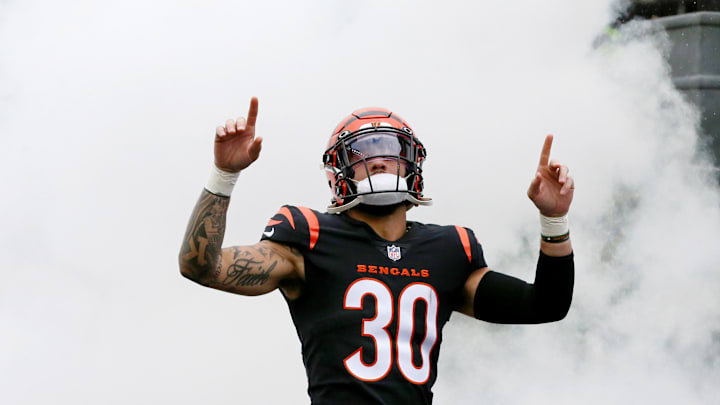 Dec 11, 2022; Cincinnati, Ohio, USA; Cincinnati Bengals safety Jessie Bates III (30) gestures before the game against the Cleveland Browns at Paycor Stadium. Mandatory Credit: Joseph Maiorana-Imagn Images