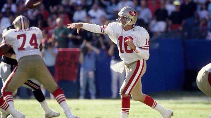 Oct 14, 1990; Atlanta, GA, USA; FILE PHOTO; San Francisco 49ers quarterback Joe Montana (16) passes against the Atlanta Falcons at Fulton County Stadium. Mandatory Credit: Manny Rubio-Imagn Images Oct 14, 1990; Atlanta, GA, USA; FILE PHOTO; San Francisco 49ers quarterback Joe Montana (16) passes against the Atlanta Falcons at Fulton County Stadium. Mandatory Credit: Manny Rubio-Imagn Images