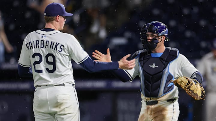 Sep 4, 2025; Tampa, Florida, USA; Tampa Bay Rays pitcher Pete Fairbanks (29) is greeted by catcher Nick Fortes (40) after beating the Cleveland Guardians at George M. Steinbrenner Field. Mandatory Credit: Nathan Ray Seebeck-Imagn Images Sep 4, 2025; Tampa, Florida, USA; Tampa Bay Rays pitcher Pete Fairbanks (29) is greeted by catcher Nick Fortes (40) after beating the Cleveland Guardians at George M. Steinbrenner Field. Mandatory Credit: Nathan Ray Seebeck-Imagn Images