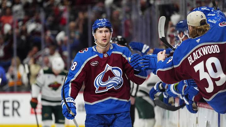 May 5, 2026; Denver, Colorado, USA; Colorado Avalanche center Martin Necas (88) celebrates after scoring a goal against the Minnesota Wild in game two of the second round of the 2026 Stanely Cup Playoffs at Ball Arena. Mandatory Credit: Ron Chenoy-Imagn Images