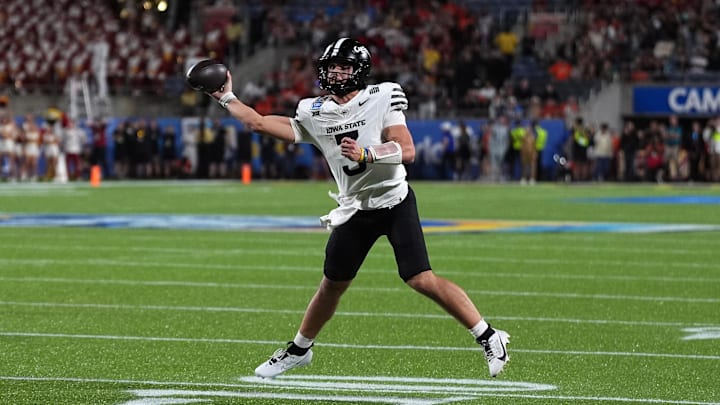 Dec 28, 2024; Orlando, FL, USA; Iowa State Cyclones quarterback Rocco Becht (3) attempts a pass against the Miami Hurricanes during the second half at Camping World Stadium. Mandatory Credit: Jasen Vinlove-Imagn Images Dec 28, 2024; Orlando, FL, USA; Iowa State Cyclones quarterback Rocco Becht (3) attempts a pass against the Miami Hurricanes during the second half at Camping World Stadium. Mandatory Credit: Jasen Vinlove-Imagn Images