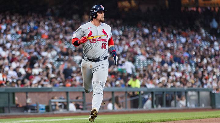 Sep 7, 2026; San Francisco, California, USA;  St. Louis Cardinals third baseman Nolan Gorman (16) scores a run on an RBI double hit by outfielder Nathan Church (27) against San Francisco Giants pitcher Trent Harris (not pictured) during the seventh inning at Oracle Park.  Mandatory Credit: John Hefti-Imagn Images