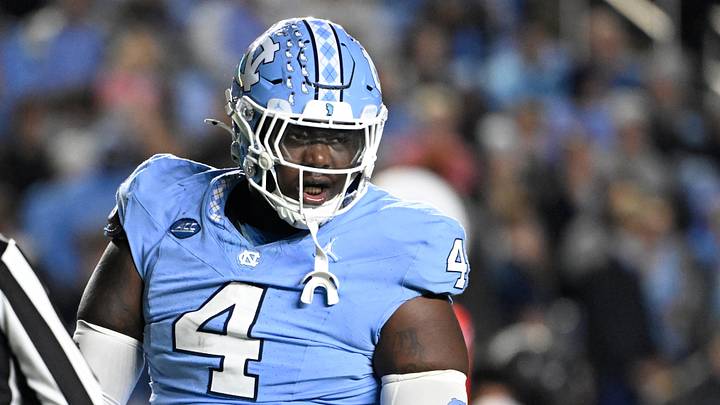 Nov 16, 2024; Chapel Hill, North Carolina, USA; North Carolina Tar Heels defensive lineman Travis Shaw (4) reacts in the third quarter at Kenan Memorial Stadium. Mandatory Credit: Bob Donnan-Imagn Images Nov 16, 2024; Chapel Hill, North Carolina, USA; North Carolina Tar Heels defensive lineman Travis Shaw (4) reacts in the third quarter at Kenan Memorial Stadium. Mandatory Credit: Bob Donnan-Imagn Images