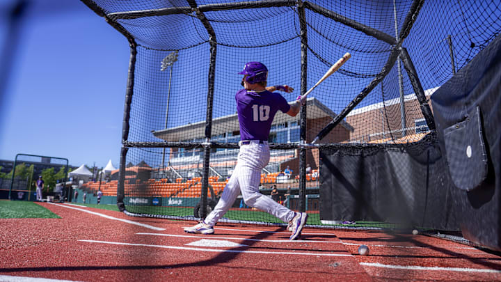 Sawyer Strosnider takes batting practice before TCU's first NCAA Tournament game against the Trojans