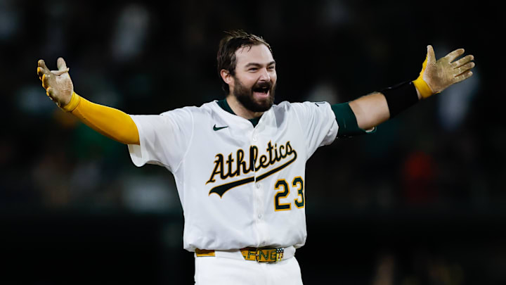 Sep 26, 2025; West Sacramento, California, USA; Athletics catcher Shea Langeliers (23) celebrates after hitting a walk-off RBI double during the ninth inning against the Kansas City Royals at Sutter Health Park. Mandatory Credit: Sergio Estrada-Imagn Images