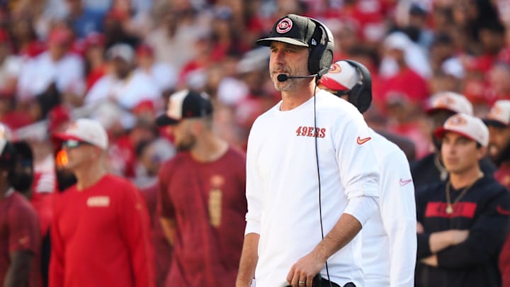 Oct 6, 2024; Santa Clara, California, USA; San Francisco 49ers head coach Kyle Shanahan on the sideline during the third quarter against the Arizona Cardinals at Levi's Stadium. Mandatory Credit: Kelley L Cox-Imagn Images