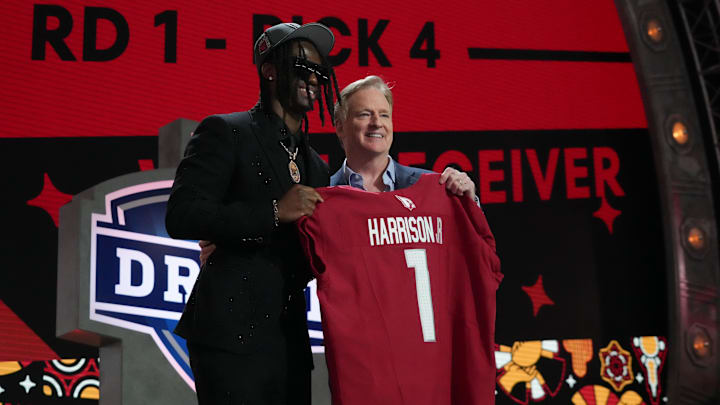 Apr 25, 2024; Detroit, MI, USA; Ohio State Buckeyes wide receiver Marvin Harrison Jr. poses with NFL