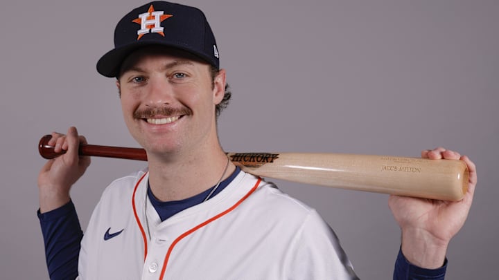 Feb 20, 2025; West Palm Beach, FL, USA; Houston Astros outfielder Jacob Melton poses for a photo at the Houston Astros media day. Feb 20, 2025; West Palm Beach, FL, USA; Houston Astros outfielder Jacob Melton poses for a photo at the Houston Astros media day.