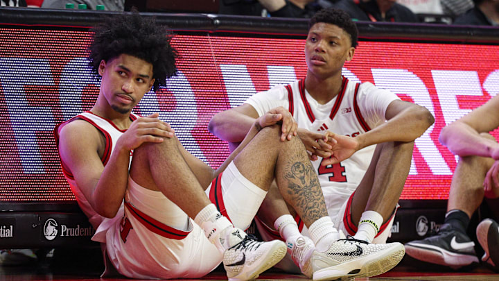 Mar 9, 2025; Piscataway, New Jersey, USA; Rutgers Scarlet Knights guard Dylan Harper (2) and Rutgers Scarlet Knights guard Ace Bailey (4) looks on during the second half against the Minnesota Golden Gophers at Jersey Mike's Arena. Mandatory Credit: Vincent Carchietta-Imagn Images