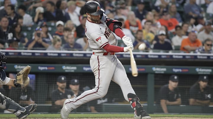 Jun 9, 2023; Detroit, Michigan, USA; Arizona Diamondbacks infielder Christian Walker (53) hits the ball during the game against the Detroit Tigers at Comerica Park.
