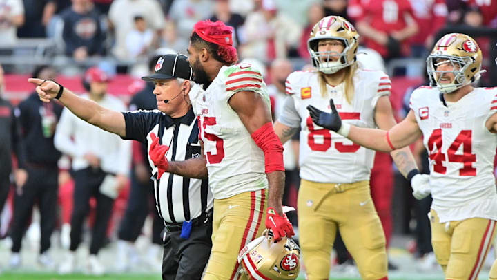 Jan 5, 2025; Glendale, Arizona, USA; San Francisco 49ers wide receiver Jauan Jennings (15) is ejected in the first half against the Arizona Cardinals at State Farm Stadium. Mandatory Credit: Matt Kartozian-Imagn Images