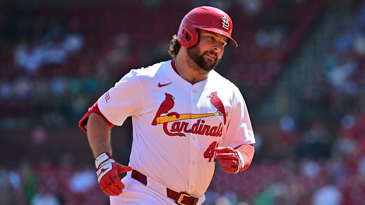 Sep 17, 2025; St. Louis, Missouri, USA; St. Louis Cardinals first baseman Alec Burleson (41) rounds the bases after hitting a home run in the first inning against the Cincinnati Reds at Busch Stadium. Mandatory Credit: Tim Vizer-Imagn Images Sep 17, 2025; St. Louis, Missouri, USA; St. Louis Cardinals first baseman Alec Burleson (41) rounds the bases after hitting a home run in the first inning against the Cincinnati Reds at Busch Stadium. Mandatory Credit: Tim Vizer-Imagn Images