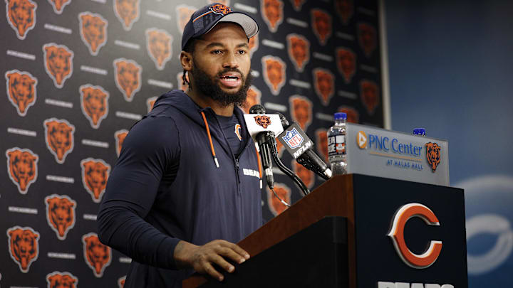 Jun 3, 2025; Lake Forest, IL, USA; Chicago Bears running back D'Andre Swift (4) speaks during minicamp at Halas Hall. Mandatory Credit: Kamil Krzaczynski-Imagn Images