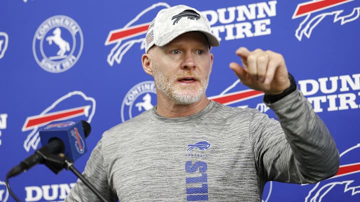 Aug 15, 2025; Lake Forest, IL, USA; Buffalo Bills head coach Sean McDermott addresses the media at Halas Hall before joint training camp practice with the Chicago Bears ahead of Sunday's preseason game