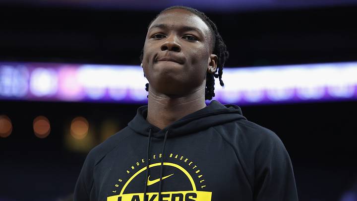 Adou Thiero #1 of the Los Angeles Lakers looks on during the game against the San Antonio Spurs. (Photo by Lachlan Cunningham/Getty Images) Adou Thiero #1 of the Los Angeles Lakers looks on during the game against the San Antonio Spurs. (Photo by Lachlan Cunningham/Getty Images)