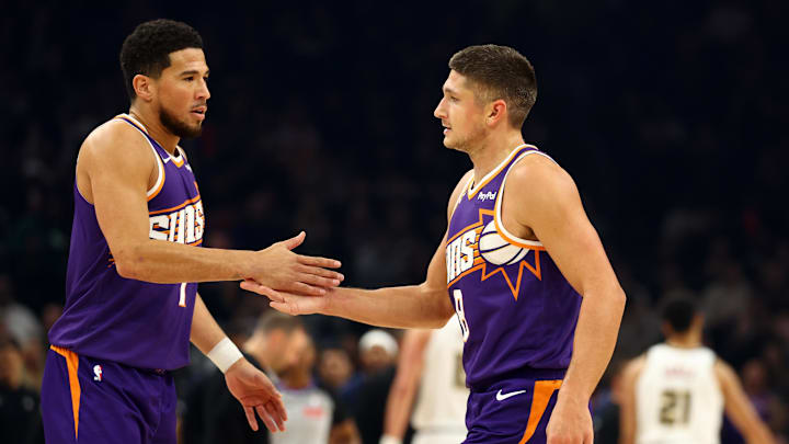Nov 29, 2025; Phoenix, Arizona, USA; Phoenix Suns guard Devin Booker (left) with Grayson Allen against the Denver Nuggets in the first half at the Mortgage Matchup Center. Mandatory Credit: Mark J. Rebilas-Imagn Images Nov 29, 2025; Phoenix, Arizona, USA; Phoenix Suns guard Devin Booker (left) with Grayson Allen against the Denver Nuggets in the first half at the Mortgage Matchup Center. Mandatory Credit: Mark J. Rebilas-Imagn Images