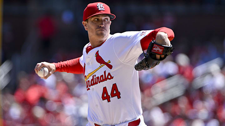 Apr 24, 2024; St. Louis, Missouri, USA;  St. Louis Cardinals starting pitcher Kyle Gibson (44) pitches against the Arizona Diamondbacks during the second inning at Busch Stadium. Mandatory Credit: Jeff Curry-Imagn Images