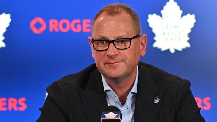 Jun 1, 2023; Toronto, Ontario, CANADA; Toronto Maple Leafs new general manager Brad Treliving is introduced at a press conference at Scotiabank Arena. Mandatory Credit: Dan Hamilton-Imagn Images