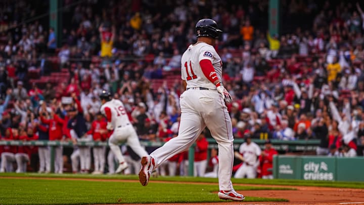 Jun 10, 2025; Boston, Massachusetts, USA; Boston Red Sox odesignated hitter Rafael Devers (11) scores as utfielder Roman Anthony (19) hits a double to drive in two runs against the Tampa Bay Rays in the first inning at Fenway Park. Mandatory Credit: David Butler II-Imagn Images Jun 10, 2025; Boston, Massachusetts, USA; Boston Red Sox odesignated hitter Rafael Devers (11) scores as utfielder Roman Anthony (19) hits a double to drive in two runs against the Tampa Bay Rays in the first inning at Fenway Park. Mandatory Credit: David Butler II-Imagn Images