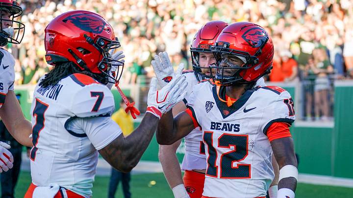 Oct 3, 2026; Fort Collins, Colorado, USA; Oregon State Beavers wide receiver Jesse Legree (12) celebrates his touchdown against the Colorado State Rams with Aeryn Hampton in the first half at Sonny Lubick Field at Canvas Stadium. Mandatory Credit: Andrew Rydland-Imagn Images Oct 3, 2026; Fort Collins, Colorado, USA; Oregon State Beavers wide receiver Jesse Legree (12) celebrates his touchdown against the Colorado State Rams with Aeryn Hampton in the first half at Sonny Lubick Field at Canvas Stadium. Mandatory Credit: Andrew Rydland-Imagn Images