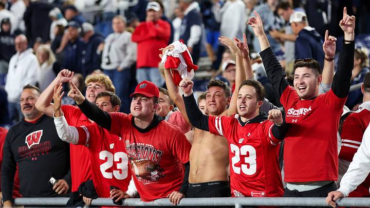 Sep 26, 2026; University Park, Pennsylvania, USA;  Wisconsin Badgers fans cheer following the game against the Penn State Nittany Lions at West Shore Home Field at Beaver Stadium.  Mandatory Credit: Matthew O'Haren-Imagn Images