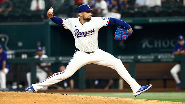 Aug 5, 2025; Arlington, Texas, USA; Texas Rangers starting pitcher Nathan Eovaldi (17) throws during the first inning against the New York Yankees at Globe Life Field. Aug 5, 2025; Arlington, Texas, USA; Texas Rangers starting pitcher Nathan Eovaldi (17) throws during the first inning against the New York Yankees at Globe Life Field.
