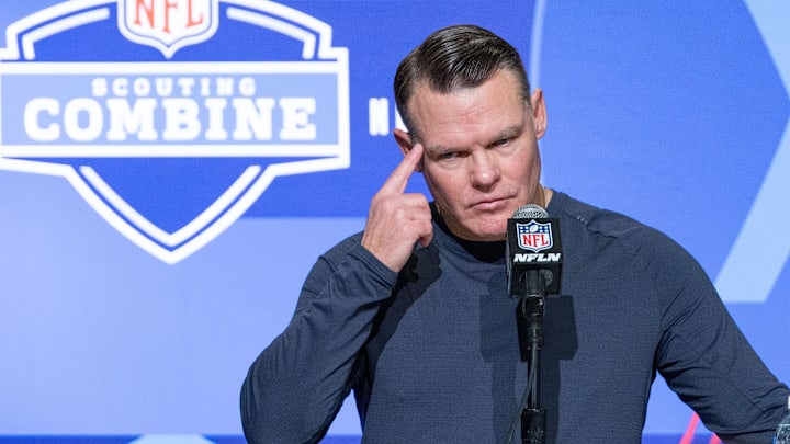 Mar 1, 2023; Indianapolis, IN, USA; Indianapolis Colts general manager Chris Ballard speaks to the press at the NFL Combine at Lucas Oil Stadium. Mandatory Credit: Trevor Ruszkowski-Imagn Images