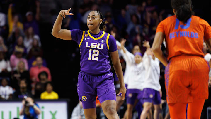 Jan 19, 2025; Gainesville, Florida, USA; LSU Tigers guard Mikaylah Williams (12) gestures after making a three-point basket against the Florida Gators during the first half at Exactech Arena at the Stephen C. O'Connell Center. Mandatory Credit: Matt Pendleton-Imagn Images Jan 19, 2025; Gainesville, Florida, USA; LSU Tigers guard Mikaylah Williams (12) gestures after making a three-point basket against the Florida Gators during the first half at Exactech Arena at the Stephen C. O'Connell Center. Mandatory Credit: Matt Pendleton-Imagn Images