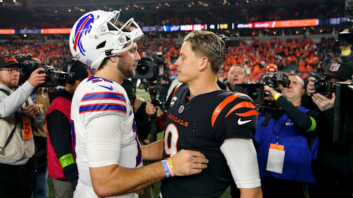 Buffalo Bills quarterback Josh Allen (17) and Cincinnati Bengals quarterback Joe Burrow (9) shake hands at the conclusion of a Week 9 NFL football game between the Buffalo Bills and the Cincinnati Bengals, Monday, Nov. 6, 2023, at Paycor Stadium in Cincinnati.