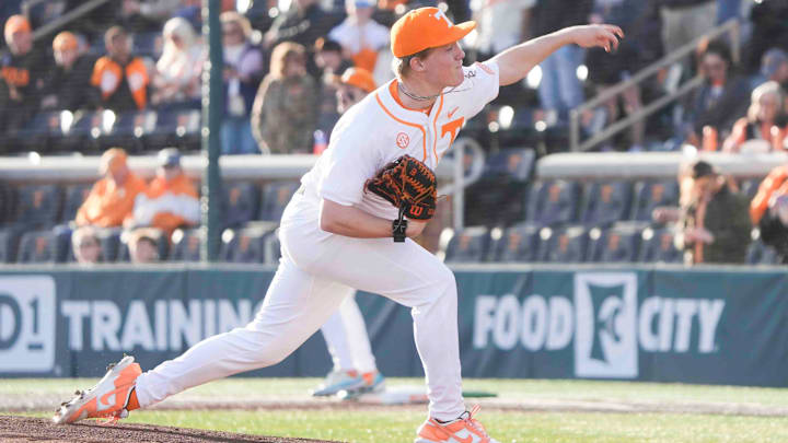 Tennessee pitcher Liam Doyle (12) throws a pitch at the Tennessee baseball season opener against Hofstra, in Lindsey Nelson Stadium at University of Tennessee in Knoxville, Tenn., Friday, February. 14, 2025.