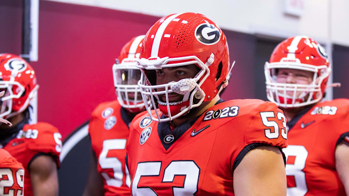 Jan 9, 2023; Inglewood, CA, USA; Georgia Bulldogs offensive lineman Dylan Fairchild (53) against the TCU Horned Frogs during the CFP national championship game at SoFi Stadium. Mandatory Credit: Mark J. Rebilas-Imagn Images