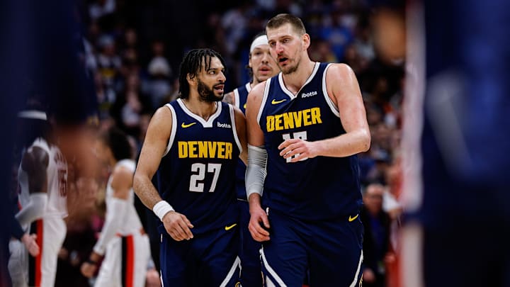 Apr 6, 2026; Denver, Colorado, USA; Denver Nuggets guard Jamal Murray (27) and center Nikola Jokic (15) in the fourth quarter against the Portland Trail Blazers at Ball Arena. Mandatory Credit: Isaiah J. Downing-Imagn Images