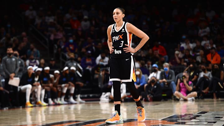 Oct 13, 2021; Phoenix, Arizona, USA; Phoenix Mercury guard Diana Taurasi (3) looks on against the Chicago Sky during the first half of game two of the 2021 WNBA Finals at Footprint Center. Mandatory Credit: Joe Camporeale-Imagn Images