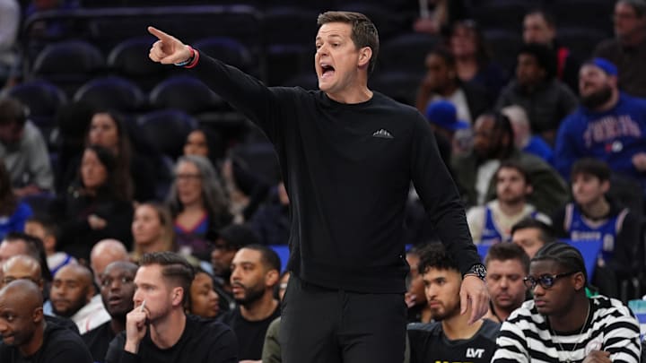Mar 9, 2025; Philadelphia, Pennsylvania, USA; Utah Jazz head coach Will Hardy reacts against the Philadelphia 76ers in the fourth quarter at Wells Fargo Center.
