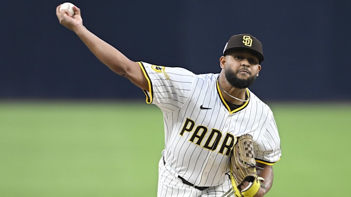 Sep 11, 2025; San Diego, California, USA; San Diego Padres starting pitcher Randy Vasquez (98) pitches during the first inning against the Colorado Rockies at Petco Park. Mandatory Credit: Denis Poroy-Imagn Images