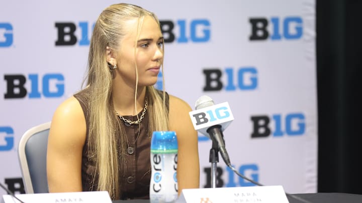Oct 8, 2025; Rosemont, Illinois, USA; Minnesota’s Mara Braun speaks during Big Ten Women’s Basketball Media Days at the Donald E. Stephens Convention Center. Mandatory Credit: Talia Sprague-Imagn Images