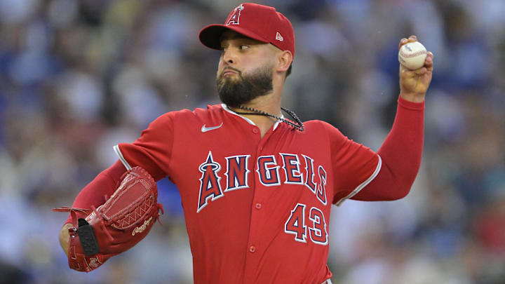 Jun 21, 2024; Los Angeles, California, USA;  Los Angeles Angels starting pitcher Patrick Sandoval (43) delivers to the plate in the second inning against the Los Angeles Dodgers at Dodger Stadium