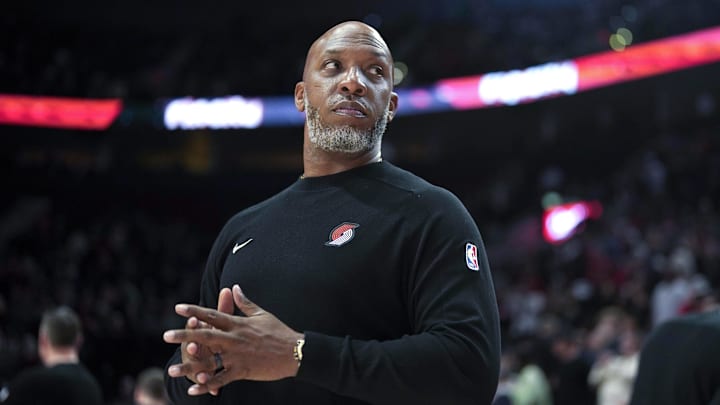 Dec 30, 2024; Portland, Oregon, USA; Portland Trail Blazers head coach Chauncey Billups looks on before the game against the Philadelphia 76ers at Moda Center. Mandatory Credit: Soobum Im-Imagn Images