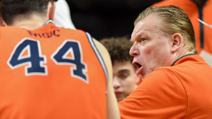 Illinois Fighting Illini coach Brad Underwood leads a team huddle during an NCAA Tournament game against the VCU Rams at Bon Secours Wellness Arena in Greenville, South Carolina. Illinois Fighting Illini coach Brad Underwood leads a team huddle during an NCAA Tournament game against the VCU Rams at Bon Secours Wellness Arena in Greenville, South Carolina.